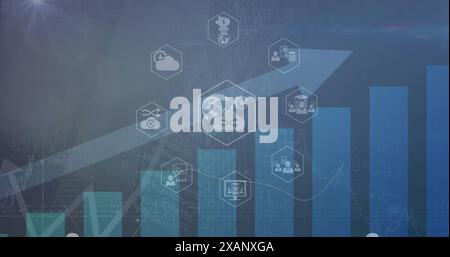 Image of icons in hexagons over arrow and bar graph against abstract background Stock Photo