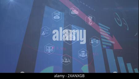 Image of icons in hexagons over bar graph, loading circles and red arrow declining Stock Photo