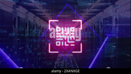 Image of qr code, neon lines, data processing over servers Stock Photo