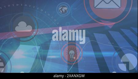 Image of floating icons in circles over graphs, arrow, binary codes against abstract background Stock Photo