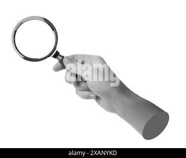 Woman's hand with magnifying glass on white background. Black and white effect Stock Photo