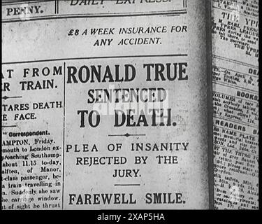 A Cover of One of Alfred Harmsworth, 1st Viscount Northcliffe's Newspapers. The Headline Reads 'Ronald True Sentenced to Death', 1922. From &quot;Time to Remember - Sitting Still And Going Slowly&quot;, 1922 (Reel 4); a review of events in 1922 including Irish Troubles, war between Greece and Turkey and developments in aviation and radio. Stock Photo