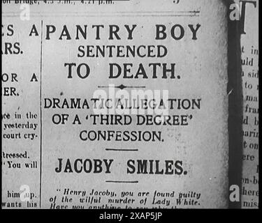 A Cover of One of Alfred Harmsworth, 1st Viscount Northcliffe's Newspapers. The Headline Reads 'Pantry Boy Sentenced to Death', 1922. From &quot;Time to Remember - Sitting Still And Going Slowly&quot;, 1922 (Reel 4); a review of events in 1922 including Irish Troubles, war between Greece and Turkey and developments in aviation and radio. Stock Photo