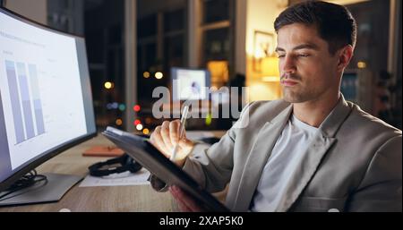 Businessman, working and night workplace with tablet, statistical analyst and analyzing project or sales report on computer. Online, graphs and Stock Photo