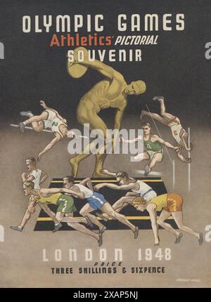 &quot;Olympic Games - Athletics' Pictorial Souvenir - London 1948&quot; - front cover, 1948. Souvenir booklet for visitors to the Olympic Games, showing the Discobolus - discus-thrower - an ancient Greek sculpture, and athletes competing in the high-jump, pole-vault, hurdling and running. The 1948 Summer Olympics (officially the Games of the XIV Olympiad, also known as London 1948) were an international multi-sport event held from 29 July to 14 August 1948. Following a twelve-year hiatus caused by the outbreak of World War II, these were the first Summer Olympics held since the 1936 Games in B Stock Photo