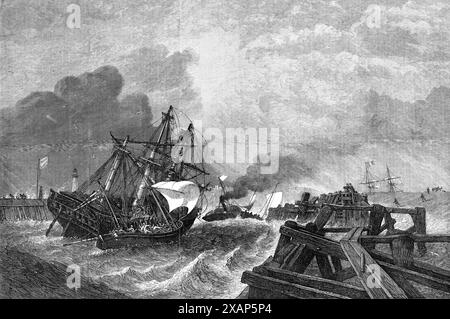 &quot;Ship and Crew Saved&quot;, by G. H. Andrews, in the exhibition of the Society of Painters in Water-Colours, 1868. Engraving of a drawing depicting '...admirably-expressed effects of wind and wave action...the artist represents the entrance to Yarmouth harbour, with a steam-tug and salvage-boats conducting into port an east country ship that has been driven by stress of weather upon the sands...a system is organised and in constant efficient operation for relieving ships that get upon the numerous sands ranging along those coasts. Companies of &quot;beachmen&quot;...owning boats...special Stock Photo