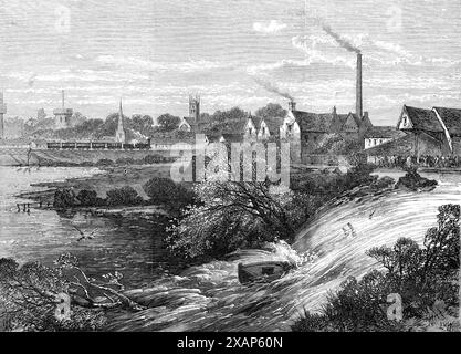 Bursting of the Napton and Warwick Canal, 1869. Engraving from a sketch by Mr. J. Burgess of an accident: '...the bursting of the embankment of the Warwick and Napton canal, near Emscope Bridge, and the flooding of the country around. It seems that Mr. Baylis, contractor for the local board of Warwick, was engaged in constructing a portion of the main sewer beneath the canal which here crosses the Avon and flows some 40 ft. above the meadows. The traffic on the canal is usually suspended during Whitsun week; and it is supposed that the contractor's workmen, in order to take advantage of this c Stock Photo