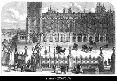 Cloister in front of the Speaker's House, New Palace-Yard, Westminster, [London], 1868. 'When this subway is completed, members of Parliament...coming by the railway and the embankment will be able to enter the Palace by means of a covered way extending the whole distance, and almost on a level. They will thus avoid the necessity of ascending to Bridge-street and descending again. The external design...is made to correspond with the existing archways and buttresses to the members' private entrance, with which it is joined, at the south-east corner of the yard. Two of the archways form carriage Stock Photo