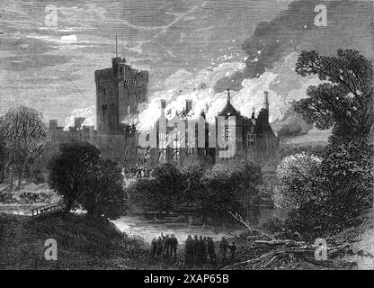 Fire at Greystoke Castle, Cumberland, 1868. 'The fire which...destroyed this fine mansion, the seat of Mr. Henry Howard, near Ulleswater, is the subject of an Engraving on our front page. It is now proved to have been caused by the ignition of two beams of wood adjoining the flue which ran from the dining-room to the picture-gallery. The fire was first perceived by Mrs. Howard while in her dressing-room about midnight. A messenger was sent to Penrith for the fire-engine; but the distance being six or seven miles, it arrived too late to stop the mischief. By four o'clock in the morning the main Stock Photo