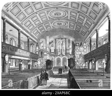 Kensington Old Church, 1869. 'The demolition of the old parish Church of St. Mary Abbot's, Kensington [in west London], to build a new one designed by Mr. Gilbert Scott, lately gave us occasion to present a View of the former edifice, which had never been thought beautiful, but had become familiar to all Londoners frequenting the western suburbs. We gave at the same time a short description and history of the building, upon which it is needless again to dwell in connection with our illustration of the interior now published. Its aspect, as here represented, is well known to many inhabitants of Stock Photo