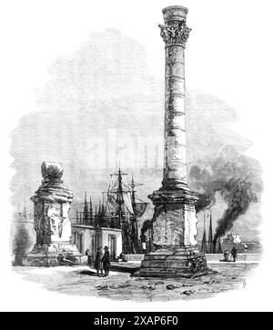 The new overland route to India: the two columns at Brindisi, marking the terminus of the Appian Way, 1869. 'These pillars...are believed to have been brought from the East..., and placed here to mark the end of the Appian Way. They stand - one in a perfect state, the other reduced to the mere base and pedestal - on a terrace overlooking the harbour. The upper portion of the western column was taken...but only one of the blocks of the shaft remains in a horizontal position on the base. The remaining column is about 50 ft. or 60 ft. in height. The shaft is composed of eight blocks of Cipollino Stock Photo