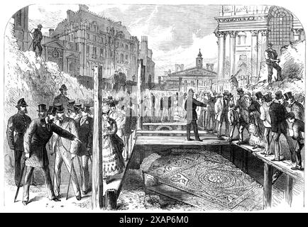 Roman pavement found in The Poultry, near the Mansion House, 1869. View of '... the discovery in the City [of London] of a tesselated pavement [the Bucklersbury Mosaic], in the course of excavating...it is apparently as fresh and perfect as if but yesterday it had left the artist's hands. It is of a bold type of geometrical pattern - scrolls, circles, and interlaced squares, inclosing a design of some beauty, but no animals or figures of any kind. The tesserae are of five colours...the outer portion being of common red and yellow brick, the whole laid in the ordinary Roman mortar, and upon til Stock Photo