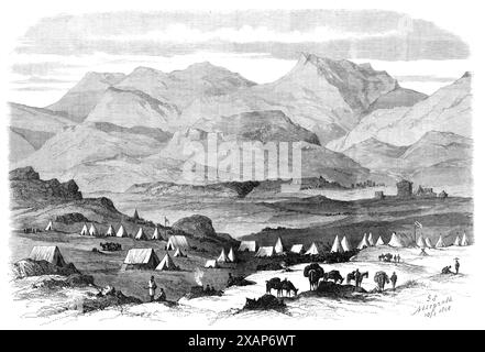 The Abyssinian Expedition: General Sir Robert Napier's camp at Adigerat, 1868. Engraving of a sketch by 'Count Seckendorff, a distinguished officer of the Guards in the Prussian Army, who accompanies the headquarters of this expedition...The Illustration...represents the camp of Adigerat. The flagstaff on the right indicates General Sir R. Napier's head-quarters; and that on the left marks the place of the commissariat stores. The camp falls due west, overlooking the village of Adigerat and the semi-ruinous fortress which is depicted in the background on the right'. General (later Field Marsha Stock Photo