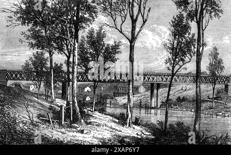 The Bremer Railway Bridge near Ipswich, Queensland, [Australia], 1868. 'The successful opening of the railway from Ipswich to Toowoomba will have a great influence in promoting the prosperity of the settled districts of Queensland...With one exception, all the larger bridges are constructed of iron, open lattice-work being used in some places in connection with boiler-plate...there can be no doubt that, although slight in appearance, they are both substantial and safe'. From "Illustrated London News", 1868. Stock Photo