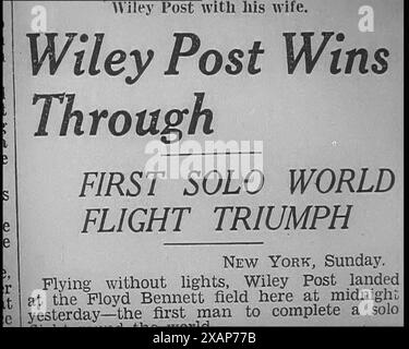 Newspaper Article with Headline Reading: 'Wiley Post Wins Through - First Solo World Flight Triumph', 1933. American aviator Wiley Hardeman Post (1898-1935) was the first pilot to fly solo around the world. From &quot;Time To Remember -  The Time Of The Monster&quot;, 1933  (Reel 2); documentary film about events of 1933, rise of Roosevelt and Hitler. Stock Photo