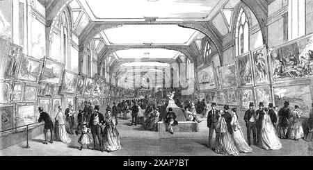 The Leeds Exhibition: the Gallery of British Living Painters in Oil, 1868. The 'National Exhibition of Works of Art' took place in the newly completed Leeds General Infirmary. The picture at upper right is Edward Armitage's 'Esther's Banquet' of 1865. From "Illustrated London News", 1868. Stock Photo