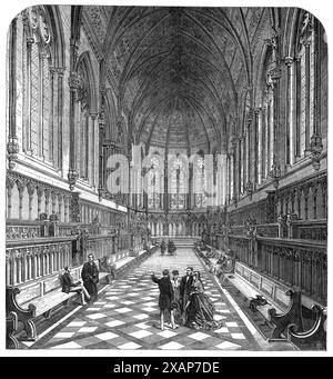 The New Chapel of St. John's College, Cambridge, 1869. 'This building, erected from the designs of Mr. G. G. Scott, R.A., will probably take the second place in ecclesiastical architecture at Cambridge, after the chapel of King's College...It is in the Early Decorated style, which was the original style of the old chapel...The tracery of the various windows is varied and rich, and the carving which embellishes their exterior and interior is well executed, and has a most pleasing effect. The ceiling is a coved one of wood...The transepts are vaulted with stone...A large quantity of coloured mar Stock Photo