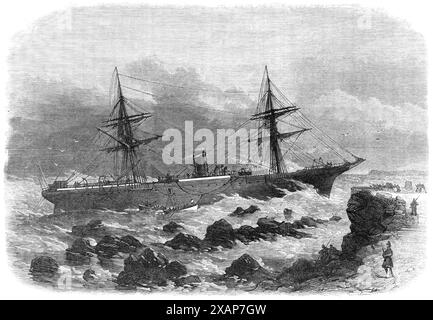 The steam-ship Chicago stranded on a reef of rocks off Cork Harbour, 1868. Cargo ship wrecked on the route between Liverpool and New York, was wrecked by running upon a reef of rocks...A thick fog [had come] on when the ship neared the Irish coast...the captain observed the surf, indicating the presence of hidden rocks, and ordered the engines to be reversed at full speed. The order was at once obeyed; but...she struck...very heavily, shaking every part of her and causing terrible alarm...The engine-room was quickly filled with water, which forced its way through a large hole made by the rock. Stock Photo