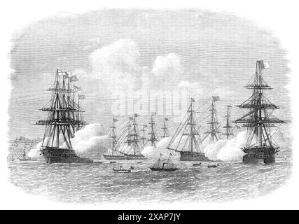 Visit of the King of Portugal to the English Channel Fleet at Lisbon, 1869. Engraving of a sketch by '...Mr. Henry J. Morgan, R.N., a midshipman on board the Northumberland...His Majesty came afloat in a Royal barge, which is shown in the front of the view, followed by a small steam-yacht or tender. He was greeted by all the British and American ships of war in the harbour with the usual salute of guns; their standards were displayed at the masthead; their yards were manned by the crews, who cheered heartily as the state barge went past them. The flagship, H.M.S. Minotaur, which the King first Stock Photo