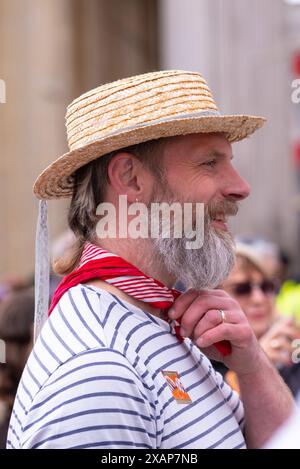 Member of the Bower Street Morris Dancers from Margate, performing at the annual Mayor of London's St. George's Day Celebration in Trafalgar Square. Stock Photo