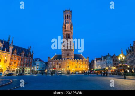 Scenery of Markt, the Market Square, and Belfry located in Bruges, Belgium Stock Photo