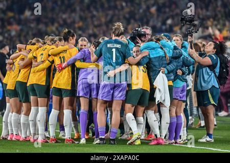 Sydney, Australia. 03rd June, 2024. Australian players huddle before the Women's International Friendlies between Australia and China at Accor Stadium. Final score; Australia 2:0 China. Credit: SOPA Images Limited/Alamy Live News Stock Photo