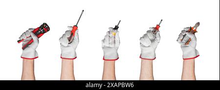 Assorted hand tools including screwdrivers, pliers, and crimping tool. Essential for construction, repair, and maintenance jobs. Close up on white bac Stock Photo