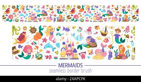 Vector mermaids seamless pattern brush. Underwater kingdom horizontal border repeat background with princess, fish, castle, seaweed, animal. Cartoon w Stock Vector
