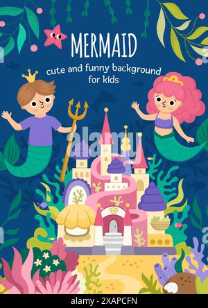 Vector landscape illustration with mermaid and boy with trident, crown. Ocean or sea kingdom scene with marine princess, prince, castle. Cute vertical Stock Vector