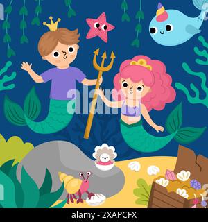 Vector landscape illustration with mermaid and boy with trident, crown. Ocean or sea kingdom scene with marine princess, prince, treasure chest. Cute Stock Vector