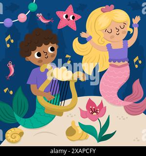 Vector landscape illustration with dancing mermaid and boy playing harp. Ocean or sea kingdom scene with seaweeds, starfish, marine princess and princ Stock Vector