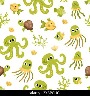 Vector under the sea seamless pattern. Repeat background with green jellyfish, octopus, shells, tortoise, seaweeds. Ocean life digital paper. Funny wa Stock Vector