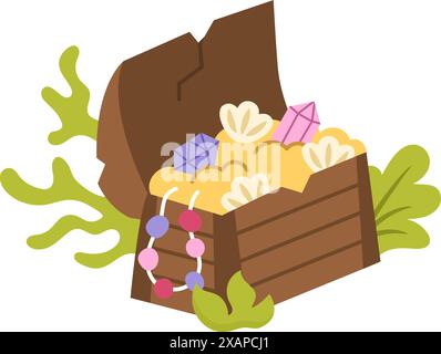 Opened mermaid treasure chest with gold, seashells, beads. Pirate sunken wooden coffer with jewelry and. Treasure island element isolated on white bac Stock Vector