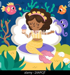 Vector landscape illustration with mermaid with dark skin sitting in seashell, eating cupcake. Ocean or sea kingdom scene with fish, marine princess. Stock Vector