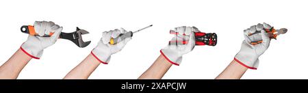 Hand tools for construction and repair work. Includes wrenches, screwdrivers, and pliers. Isolated on white background, showcasing the essentials for Stock Photo