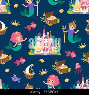 Vector mermaids seamless pattern. Underwater kingdom repeat background with princess, prince, fish, castle, seaweeds, animals, treasure chest. Cartoon Stock Vector