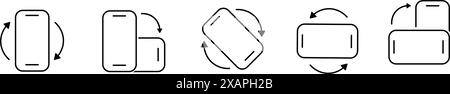 Rotate the Mobile phone icon set in the line style. Device rotation with arrow simple black style symbol signs for apps. Stock Vector