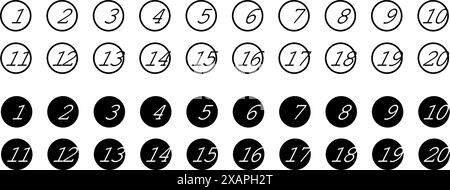Bullet Points icon set inline style, Simple round numbers in flat style, Set of 1-15 numbers simple black symbol. Stock Vector