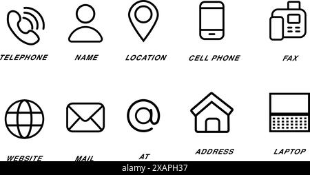 Business card, Home, Phone, Location, Address, Website, mail, fax, user simple black style symbol sign for apps  Stock Vector
