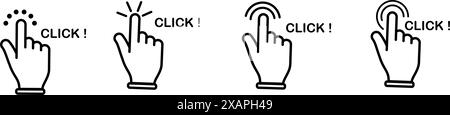 Hand click, Hand clicking, finger, Touch screen, pointer, cursor, gesture, mouse press push simple black style symbol.  Stock Vector
