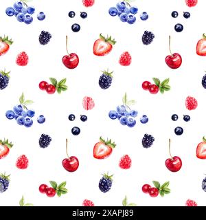 Vibrant seamless pattern featuring cherries, strawberries, raspberries, blueberries, and blackberries on white. Stock Photo