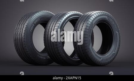 Various car tires with different tyre tread pattern on black background. 3d illustration Stock Photo