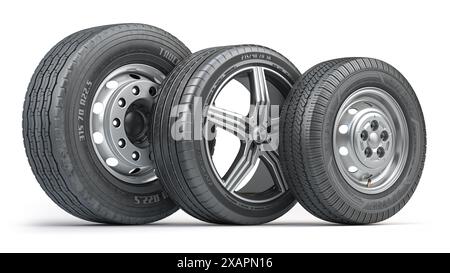 Row of various car tires with  alloy wheels isolated on white background. 3d illustration Stock Photo