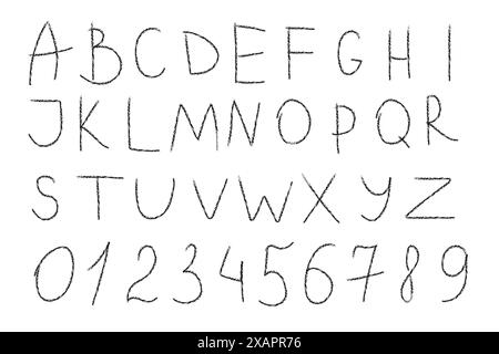 Drawing in charcoal or wax pencil on a white sheet. Hand drawings. Alphabet, letters, numbers. Stock Vector