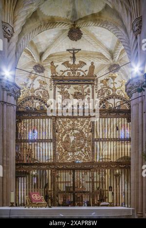 wrought iron altarpiece grille from the 16th and 17th centuries of the main chapel of the cathedral of the city of Orihuela, Alicante, Alacant, Spain. Stock Photo