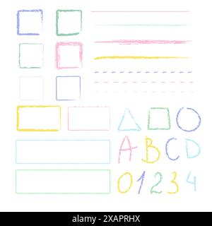 Colored numbers, letters, wax pencil frames, square drawings on white background doodle. Stock Vector