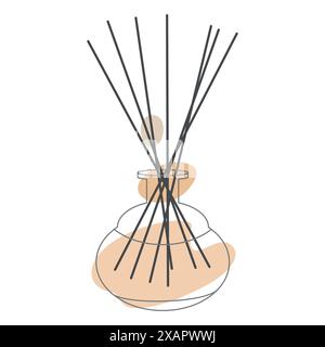 Wooden Aroma Sticks in Glass Jar. Essential Air Fragrance Diffusor Aromatherapy. Spa and Beauty relax. Outline Drawing with Abstract color shapes. Vec Stock Vector