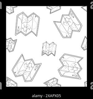 Travel Seamless pattern with Tourist Map. Thin Line elements Vector template. Outline Loop Illustration, Black and White Background. Navigation and Tr Stock Vector