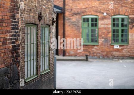 Brick wall in the old industrial landscape of Norrkoping. Norrkoping is a historic industrial town in Sweden. Stock Photo
