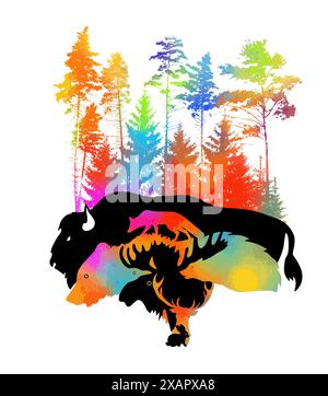Silhouettes of rainbow animals symbol of the forest. hand drawing. Not AI. Vector illustration Stock Vector